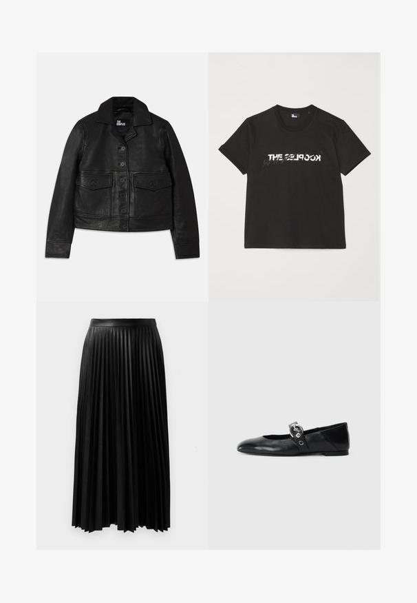 Fekete bőrkabát, amelynek galléros nyaka, gombos záródása, két elülső zseb flap-szerű kialakítással és crop szabása van. Simító textúrájú és testhezálló fazon.; Fekete pamut póló rövid ujjakkal, elöl fehér és szürke "THE 2LOOK" felirattal. Klasszikus kerek nyakkivágás.; Fekete redőzött szoknya texturált anyagból, illeszkedő derékkal és hosszú, lágy redőkkel, amelyek a vádli közepéig érnek.; Fekete bőr balettcipők, hegyes orral, kör alakú fémbújtatóval ellátott pánttal és lapos talppal.