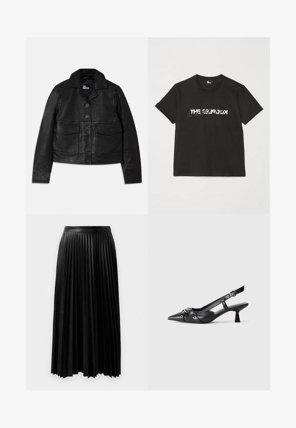 Fekete bőrkabát, amelynek galléros nyaka, gombos záródása, két elülső zseb flap-szerű kialakítással és crop szabása van. Simító textúrájú és testhezálló fazon.; Fekete pamut póló rövid ujjakkal, elöl fehér és szürke "THE 2LOOK" felirattal. Klasszikus kerek nyakkivágás.; Fekete redőzött szoknya texturált anyagból, illeszkedő derékkal és hosszú, lágy redőkkel, amelyek a vádli közepéig érnek.; Fekete bőr slingback cipő hegyes orral, dekoratív pántokkal, fém szemekkel és alacsony blokk sarkú. Texturált felület.