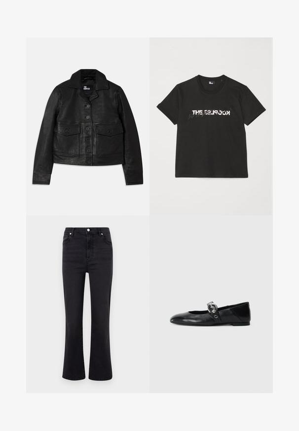 Schwarze Lederjacke mit Kragen, Knopfverschluss, zwei aufgesetzten Fronttaschen und tailliertem Schnitt. Glatte Textur und taillierte Passform.; Schwarzes Baumwoll-T-Shirt mit kurzen Ärmeln, das ein gedrucktes weißes und graues "THE 2LOOK"-Design auf der Vorderseite zeigt. Klassischer Rundhalsausschnitt.; Schwarze Schlagjeans mit hoher Taille, aus Denim. Verfügt über Fronttaschen, einen Knopfverschluss und eine glatte Textur.; Schwarze Ballettflat mit spitzer Spitze, ausgestattet mit einem Riemen und einer runden, metallischen Schnalle sowie einer flachen Sohle.