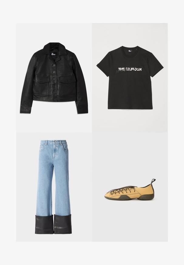 Must mustrakk mustrakk, mis sisaldab kraega kaela, nupuvajutusega sulgemist, kahte esipocketit klappidega ja lühendatud disaini. Sile tekstuur ja peenelt lõigatud sobivus.; Must mustriba t-särk lühikeste varrukatega, mille ees on valge ja hall "THE 2LOOK" disain. Klassikaline ümmargune kaelus.; Heledad hallis sinise varsiga teksad, millel on kõrge vöökoht ja must nahkdetail alläärneal. Omab klassikalist teksakanga õmblust ja viit taskut.; Kollane sametist nööridega king, millel on tumeroheline kummitald ja kanna sild, kujutatud külgedelt heledal hallil taustal.