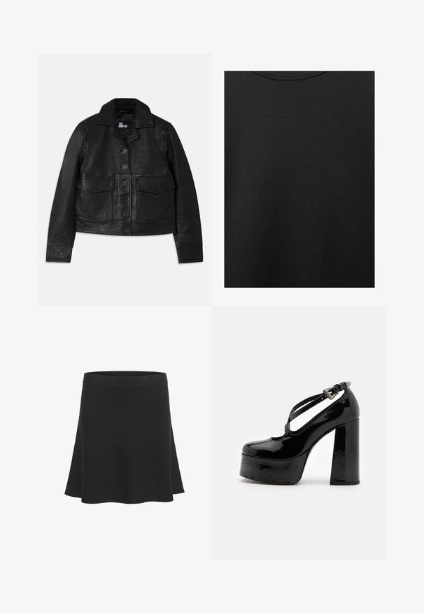 Giubbotto in pelle nera con collo, chiusura con bottoni, due tasche frontali con pattina e design accorciato. Texture liscia e vestibilità sartoriale.; Tessuto di cotone nero con una texture liscia e scollatura rotonda, caratterizzato da un motivo a grana sottile e uniforme. Nessun logo o accento visibile.; Gonna mini nera a campana realizzata in materiale morbido con una texture liscia e una fascia in vita ampia. Presenta un design semplice senza motivi o accenti.; The Kooples CHAUSSURES - Decolleté - black
