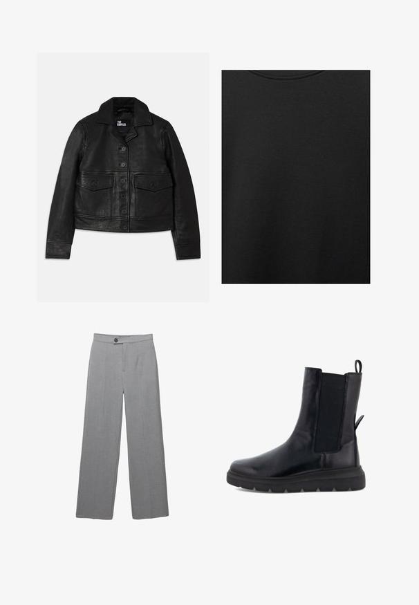 Černá kožená bunda s límečkem, zapínáním na knoflíky, dvěma předními kapsami s klopami a zkráceným střihem. Hladká textura a přiléhavý střih.; Černá bavlněná tkanina s hladkým povrchem a kulatým výstřihem, s jemným, rovnoměrným zrnem. Žádné viditelné loga ani akcenty.; Šedé upravené kalhoty s širokými nohavicemi, plochým předním dílem a jemnou texturou. Obsahují zapínání na jeden knoflík a čisté linie.; Černé kotníkové boty vyrobené z hladké kůže s elastickými bočními panely, poutkem vzadu a silnou gumovou podrážkou.
