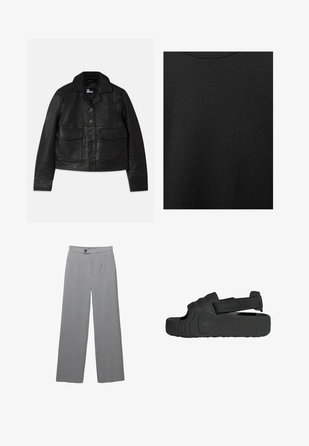 Crna kožna jakna s kragnom, dugmadi, dva prednja džepa s preklopima i skraćenim dizajnom. Glatka tekstura i kroj s odličnim fitom.; Crni pamučni materijal s glatkom teksturom i okruglim izrezom, s nježnim, ravnomjernim uzorkom. Nema vidljivih logotipa ili akcenata.; Sive krojene hlače širokih nogavica, ravne prednje strane i suptilne teksture. Imaju jedan gumb za zatvaranje i čiste linije.; Crne sandale izrađene od teksturirane gume s širokim remenom i podesivim velcro zatvaranjem. Imaju uzorak na potplatu i detalj s brend logom.