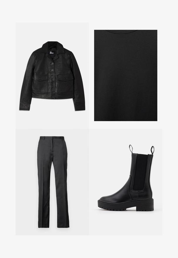 Crna kožna jakna s kragnom, dugmadi, dva prednja džepa s preklopima i skraćenim dizajnom. Glatka tekstura i kroj s odličnim fitom.; Crni pamučni materijal s glatkom teksturom i okruglim izrezom, s nježnim, ravnomjernim uzorkom. Nema vidljivih logotipa ili akcenata.; Prilagođene crne hlače od glatkog materijala. Imaju ravnu nogavicu, ravni front i suptilne detalje pregiba.; Crne gležnjače od glatke kože, s elastičnim bočnim panelima, trakama za povlačenje i debelim, teksturiranim potplatom za bolji grip.
