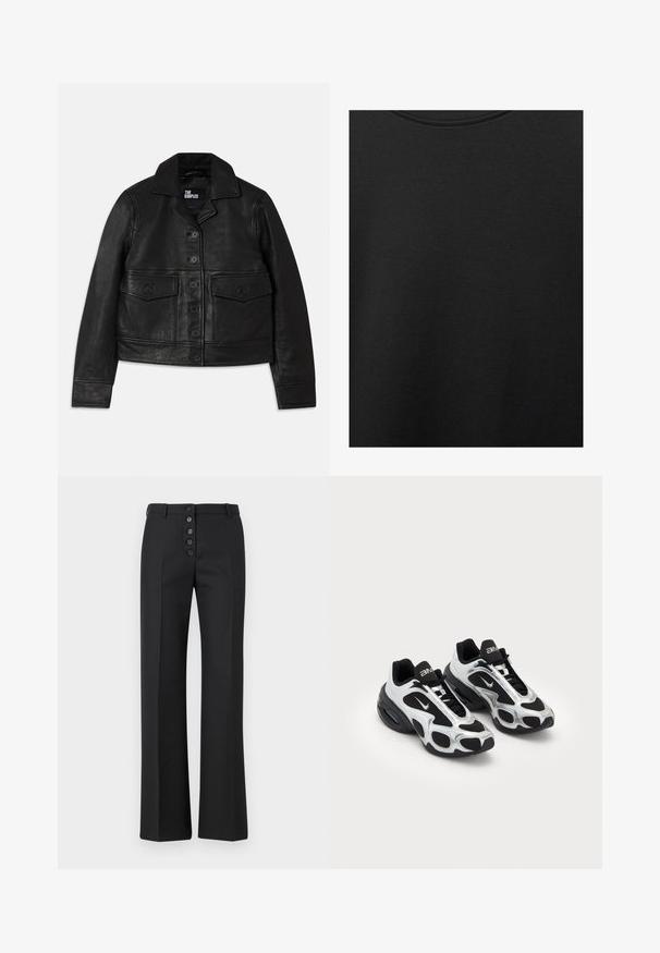 Jachetă din piele neagră cu guler, închidere cu nasturi, două buzunare frontale cu clapete și un design scurt. Textură netedă și croială ajustată.; Țesătură de bumbac neagră cu o textură netedă și un guler rotund, având un model de granulație subtil și uniform. Fără logo-uri sau accente vizibile.; The Kooples PANTALON - Pantaloni - black; Pantofi sport negri și argintii cu un superior din plasă și material sintetic, prezentând un design ondulat distinctiv și un guler căptușit, cu amortizare cu aer în talpă.