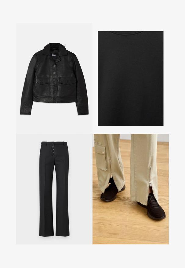 Fekete bőrkabát, amelynek galléros nyaka, gombos záródása, két elülső zseb flap-szerű kialakítással és crop szabása van. Simító textúrájú és testhezálló fazon.; Fekete pamut anyag sima textúrával és kerek nyakkivágással, finom, egyenletes szemcsés mintázattal. Nincsenek látható logók vagy díszítések.; The Kooples PANTALON - Nadrágok - black; Beige széles lábú nadrág, cipzárokkal a bokákon, fekete sportcipőkkel kiegészítve, amelyek texturált felsőrésszel és párnázott talppal rendelkeznek.