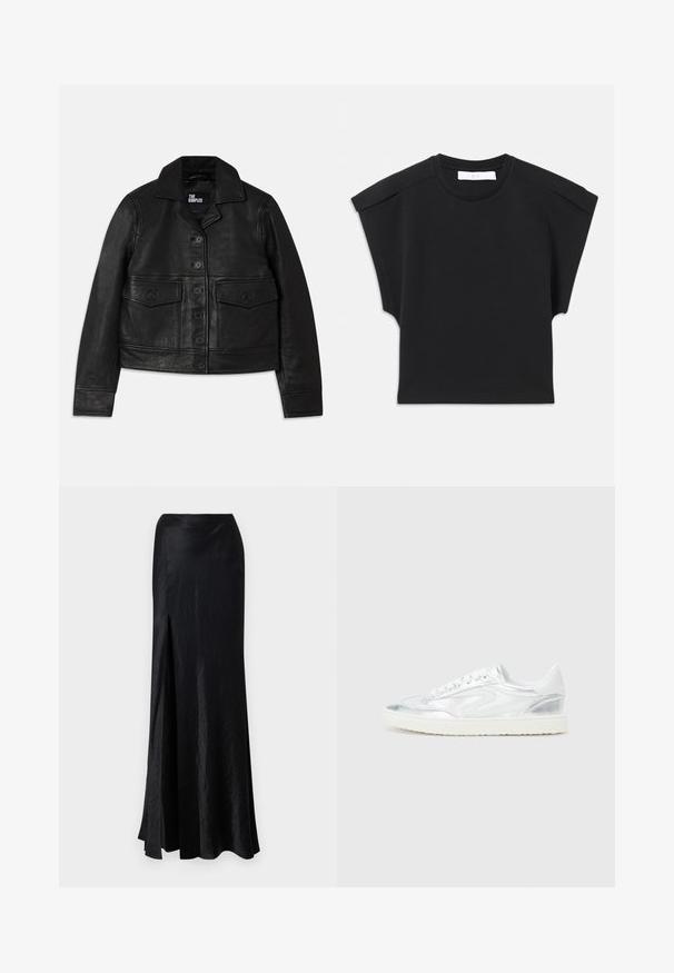 Juodas odinis švarkas su apykakle, sagomis, dviem priekinių kišenių dangteliais ir trumpa forma. Lygus paviršius ir pritaikytas siluetas.; Juodas trumpas rankovėmis viršus su apvaliu iškirpimu ir pečių detalėmis, išdėstytas plokščiai ant balto fono.; Nanushka HARLOW - Maksi sijonas - black; Baltieji sportbačiai su metalizuotais sidabro akcentais, lygia tekstūra, apvaliu kojų pirštu, plokščiu padu ir tradiciniu raištelių užsegimu.