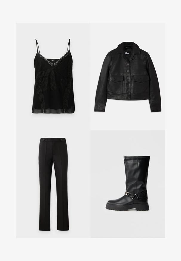 Black leather jacket featuring a collared neck, button closure, two front pockets with flaps, and a cropped design. Smooth texture and tailored fit.; Black camisole featuring lace detailing at the neckline and sides, slim adjustable straps, and a smooth, slightly sheer body.; Black tailored trousers with a straight leg, two front pockets, a button closure, and pleat detailing on the front. Smooth fabric texture.; Black knee-high boots made of smooth leather, featuring a buckle accent on the side and a thick, textured sole for grip.