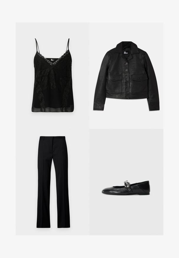 Must mustrakk mustrakk, mis sisaldab kraega kaela, nupuvajutusega sulgemist, kahte esipocketit klappidega ja lühendatud disaini. Sile tekstuur ja peenelt lõigatud sobivus.; Mustaline top, millel on pitsilimused kaeluses ja külgedel, kitsad reguleeritavad rihmad ning sile, kergelt läbipaistev materjal.; Mustad sirgedestikuga püksid sileda materjaliga, millel on lame eesmine osa, vöörihmade aasad ning nähtamatud taskud või dekoratiivsed elemendid.; Mustadest nahast balleti kingad terava varbaga, millel on rihm ümmarguse metallist pandlaga ja lame tald.