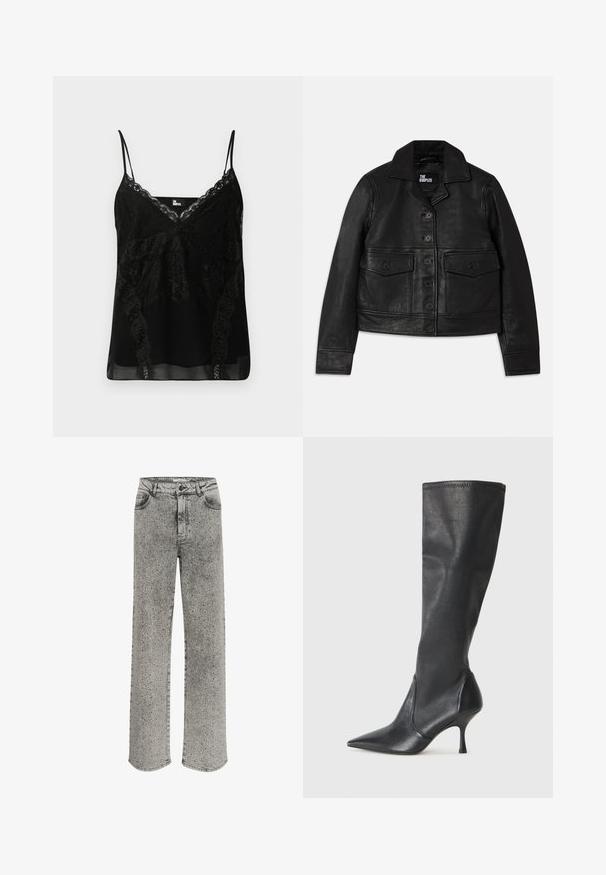 Črna usnjena jakna s ovratnikom, gumbnim zaklepanjem, dvema sprednjima žepoma s preklopom in skrajšano zasnovo. Gladka tekstura in prilagojen kroj.; Črna majica s tankimi naramnicami, ki ima čipkasti detajl ob izrezu in ob straneh, ozke nastavljive naramnice ter gladko, rahlo prosojno telo.; Sive jeans s straight cut, okrašeni s srebrnimi bleščicami. Imajo klasičen pet-pokotna slog in gumbasto zapiranje.; Črne usnjene škornje do kolen s koničastim nosom in ozkim stiletto peto. Gladka tekstura z oblikovanim dizajnom in šivi na zgornjem robu.