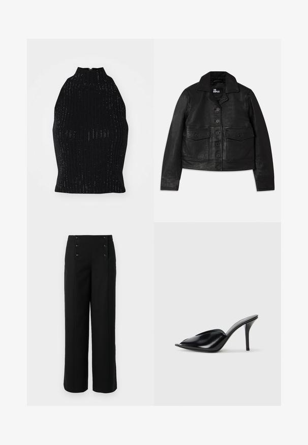 Fekete bőrkabát, amelynek galléros nyaka, gombos záródása, két elülső zseb flap-szerű kialakítással és crop szabása van. Simító textúrájú és testhezálló fazon.; Fekete kötött felső magas gallérral, bordázott textúrával és kis lyukacsos mintákkal. Cipzáras záródás a hátsó részen.; Fekete, széles szárú nadrág sima anyagból, magas derékkal és öt elülső gombbal a záráshoz. Elegáns, igényes kialakítás.; Fekete bőr, nyitott orrú, hegyes kialakítású, sima textúrájú, és karcsú tűsarokkal rendelkező magassarkú mules.