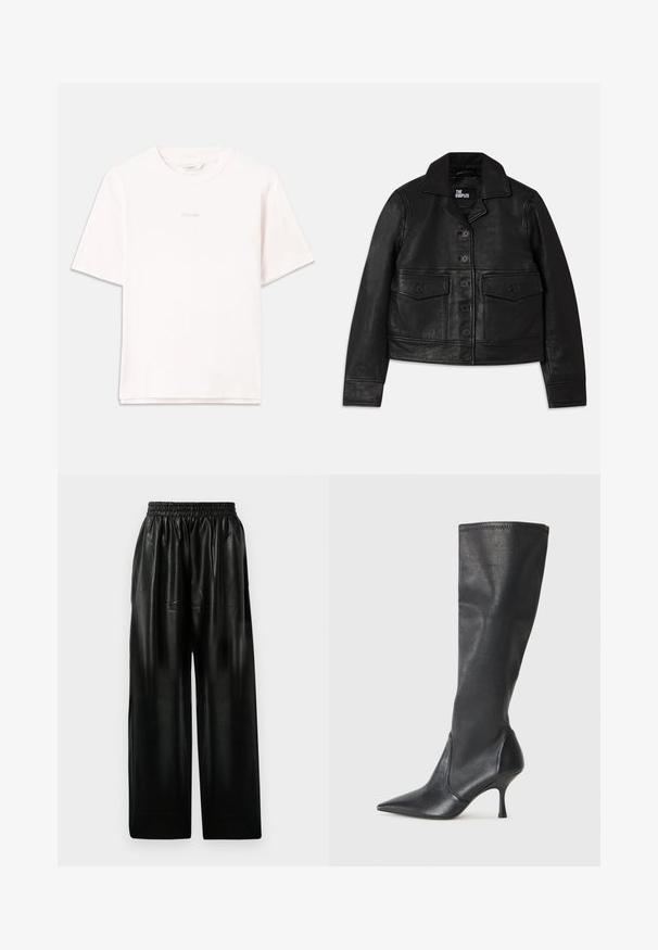 Melnā ādas jakā ar apkakli, pogu aizdari, divām priekšējām kabatām ar vākiem un īsu piegriezumu. Gluda tekstūra un piegrieztas formas.; Gaiši rozā īsām piedurknēm T-krekls, kas izgatavots no kokvilnas, ar apaļu kakla izgriezumu un izšūtu logotipu diskrētā tonī uz krūtīm.; Melna ādas plata kāju bikses ar elastīgu jostu, ar divām sānu kabatām un gludu, spīdīgu tekstūru.; Ceļa auguma melni ādas zābaki ar smailu purngalu un šauru stiletto papēdi. Gluda tekstūra ar pieguļošu dizainu un izšuvumiem augšējā malā.