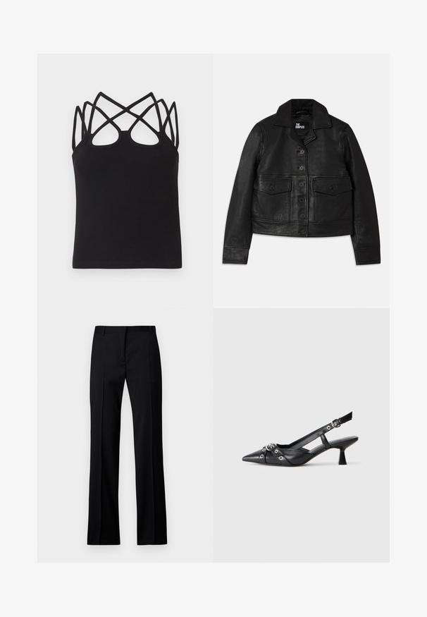 Casaco de couro preto com gola, fecho de botão, dois bolsos frontais com abas e um design cropped. Textura suave e ajustado ao corpo.; Top de alças preto com textura canelada, apresentando um design ajustado, com várias alças cruzadas e detalhe de costas abertas. Textura suave com decote redondo.; Calças pretas de perna reta em tecido suave, com frente lisa, passantes para cinto e sem bolsos ou adornos visíveis.; Sapato slingback em couro preto com biqueira fina, tiras decorativas com ilhós de metal e um pequeno salto quadrado. Superfície texturizada.