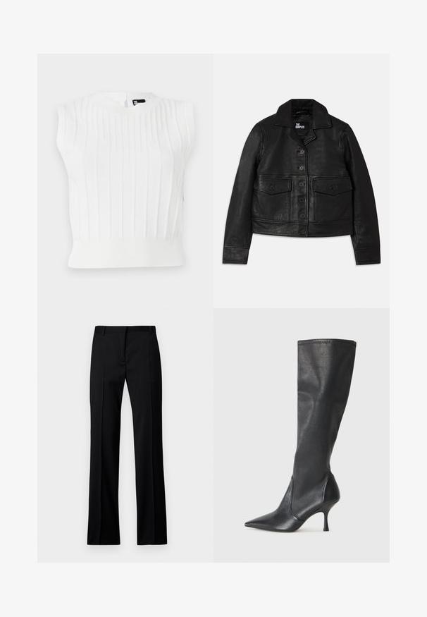 Giubbotto in pelle nera con collo, chiusura con bottoni, due tasche frontali con pattina e design accorciato. Texture liscia e vestibilità sartoriale.; Top senza maniche bianco lavorato a maglia con texture a coste verticali, scollatura rotonda e orlo aderente. Presenta un piccolo dettaglio di chiusura sulla schiena.; Pantaloni neri a gamba dritta in tessuto liscio, con vita piatta, passanti per la cintura e senza tasche visibili o decorazioni.; Stivali neri in pelle al ginocchio con punta affusolata e tacco a stiletto sottile. Texture liscia con design aderente e cuciture lungo il bordo superiore.