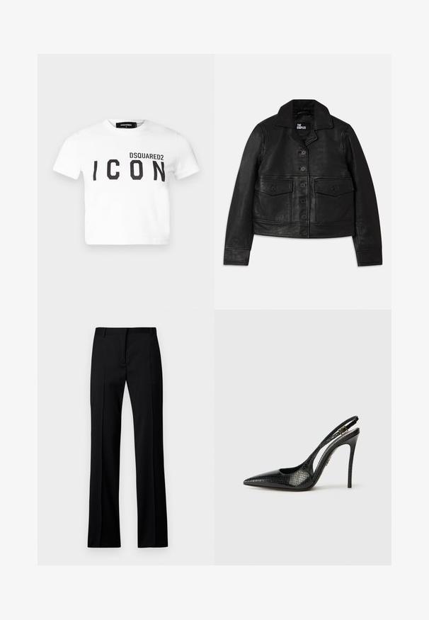 Black leather jacket featuring a collared neck, button closure, two front pockets with flaps, and a cropped design. Smooth texture and tailored fit.; DSQUARED2 ICON BE ICON ICON TEE - Print T-shirt - white; Black straight-leg trousers in smooth fabric, featuring a flat front, belt loops, and no visible pockets or embellishments.; Black slingback pump with a pointed toe, textured snake pattern, stiletto heel, and a decorative buckle on the strap.