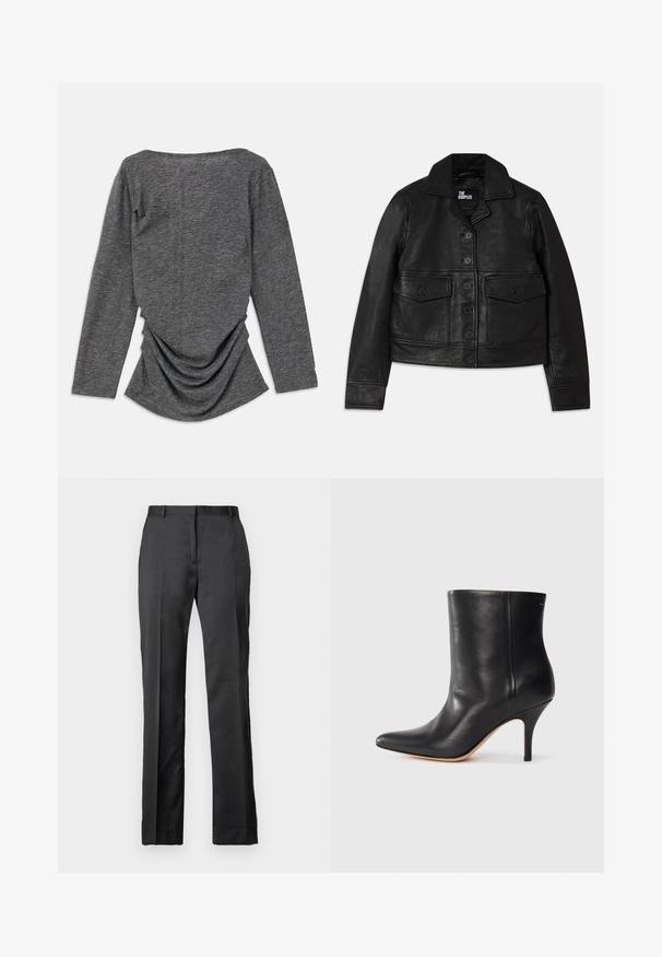 Fekete bőrkabát, amelynek galléros nyaka, gombos záródása, két elülső zseb flap-szerű kialakítással és crop szabása van. Simító textúrájú és testhezálló fazon.; Szürke, hosszú ujjú felső, puha textúrával, széles nyakkivágással és a háton ráncolt részlettel, ami lebegő siluettet eredményez.; Fazonra szabott fekete nadrág sima anyagból. Egyenes lábú kialakítás, lapos elülső rész és finom gyűrődés részletezi.; Fekete bőr bokacsizma hegyes orral, karcsú tűs sarkal és sima textúrával. Minimális dizájn, látható fémrészek vagy díszítések nélkül.