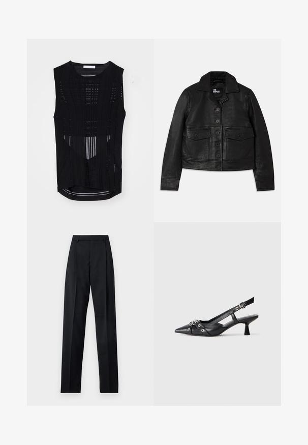 Jachetă din piele neagră cu guler, închidere cu nasturi, două buzunare frontale cu clapete și un design scurt. Textură netedă și croială ajustată.; Top fără mâneci, de culoare neagră, cu textură ribbed verticală. Prezintă un guler rotund și o margine din spate ușor mai lungă. Material ușor și semi-transparent.; Pantaloni negri dintr-un material neted, cu talie înaltă, picioare largi, pliuri frontale și loop-uri clasice pentru curea. Fără buzunare laterale vizibile.; Pantofii slingback din piele neagră, cu vârful ascuțit, curele decorative cu ochiuri din metal și toc bloc mic. Suprafață texturată.