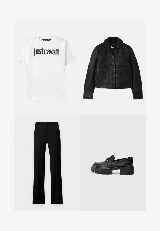 Must mustrakk mustrakk, mis sisaldab kraega kaela, nupuvajutusega sulgemist, kahte esipocketit klappidega ja lühendatud disaini. Sile tekstuur ja peenelt lõigatud sobivus.; Valge puuvillane T-särk, mille rinnal on must tekst "Just Cavalli" tekstuurses viimistluses. Klassikaline ümar kaelus ja lühikesed varrukad.; Mustad sirgedestikuga püksid sileda materjaliga, millel on lame eesmine osa, vöörihmade aasad ning nähtamatud taskud või dekoratiivsed elemendid.; Mustast nahkfrontaalid, millel on paks tald, esiosas kullatooni aksent ja sile viimistlus. Talse paksu mustriga disain.