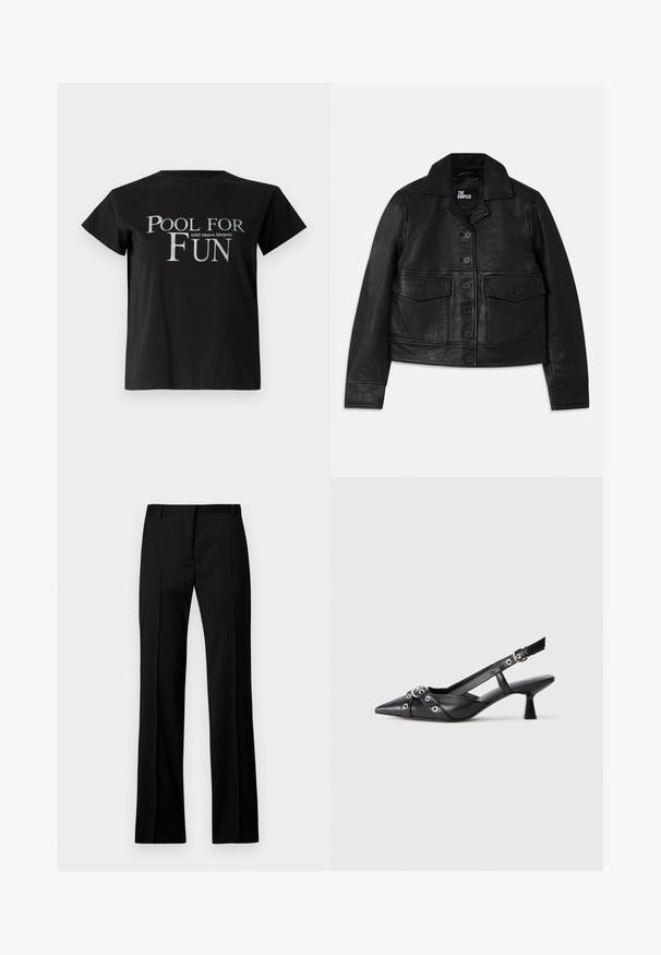 Casaco de couro preto com gola, fecho de botão, dois bolsos frontais com abas e um design cropped. Textura suave e ajustado ao corpo.; T-shirt de algodão preto com mangas curtas e decote redondo, apresentando o texto "POOL FOR FUN" em prateado, juntamente com o logotipo "MM6 Maison Margiela".; Calças pretas de perna reta em tecido suave, com frente lisa, passantes para cinto e sem bolsos ou adornos visíveis.; Sapato slingback em couro preto com biqueira fina, tiras decorativas com ilhós de metal e um pequeno salto quadrado. Superfície texturizada.