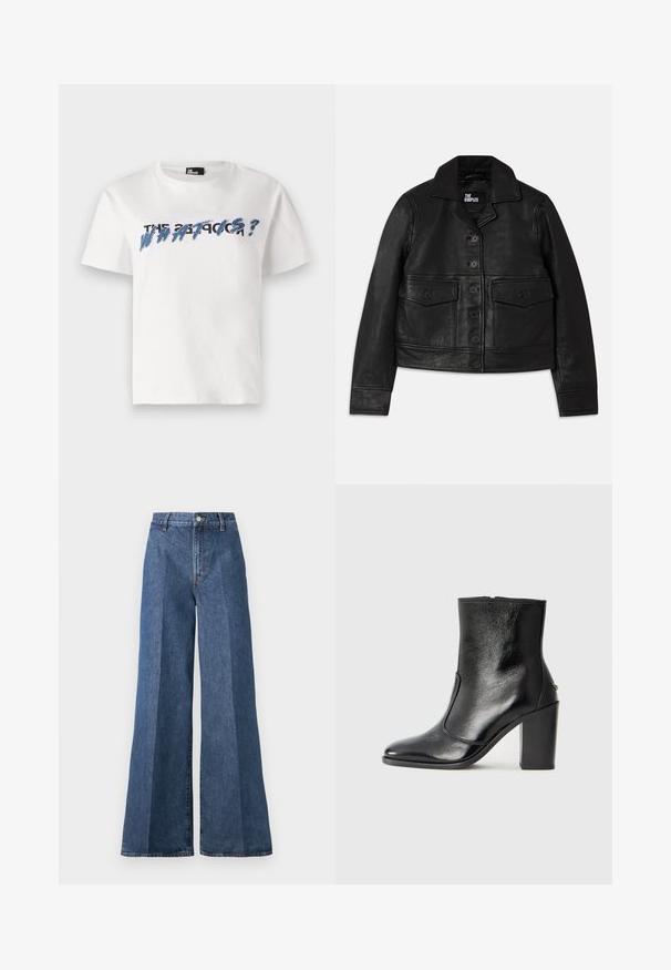 Chaqueta de cuero negro con cuello, cierre de botones, dos bolsillos frontales con solapa y un diseño corto. Textura suave y ajuste entallado.; Camiseta de algodón blanca con mangas cortas y cuello redondo. Presenta un gráfico de texto en azul y negro que dice "¿EL PROBLEMA 27?" en letras negritas.; Jeans de mezclilla azul de pierna ancha con cintura alta, que cuentan con un estilo clásico de cinco bolsillos y un cierre de botón, confeccionados en tela de algodón texturizado.; Botín negro de cuero con textura suave, puntera puntiaguda y un tacón alto y robusto. Presenta una apertura lateral y un diseño minimalista.