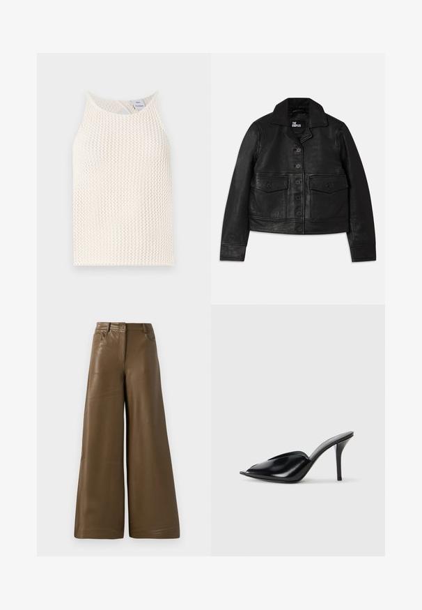 Black leather jacket featuring a collared neck, button closure, two front pockets with flaps, and a cropped design. Smooth texture and tailored fit.; White mesh tank top featuring a round neckline and a keyhole detail at the back. Textured fabric with a loose fit.; Wide-leg trousers made of smooth, brown faux leather. Features a high waist, four pockets, and a front zipper. Flat texture and minimalistic design.; Black leather high-heeled mules with an open toe, pointed design, smooth texture, and a slim stiletto heel.