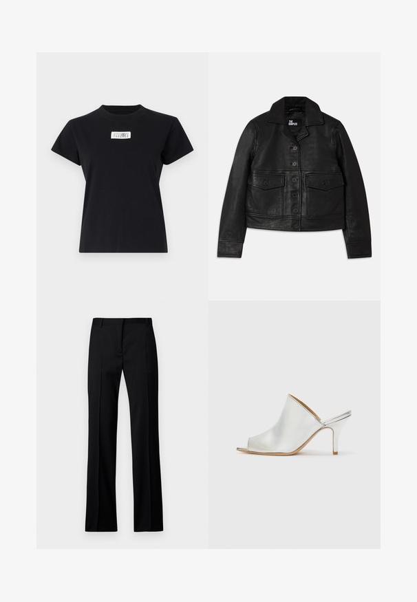Černá kožená bunda s límečkem, zapínáním na knoflíky, dvěma předními kapsami s klopami a zkráceným střihem. Hladká textura a přiléhavý střih.; Černé bavlněné tričko s kulatým výstřihem a krátkými rukávy. Na přední straně se nachází bílá nášivka s tištěnými čísly a kulatým logem.; Černé kalhoty rovného střihu z hladkého materiálu, s plochým předním dílem, poutek na opasek a bez viditelných kapes nebo ozdob.; Stříbrné lodičky s odhalenými prsty, s hladkým lesklým povrchem, nízkým jehlovým podpatkem a otevřeným zadním designem pro snadné obutí.