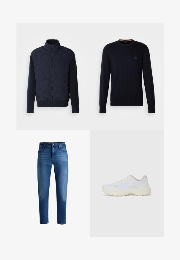 Jachetă neagră matlasată de nuanță închisă, cu guler înalt, fermoar frontal, mâneci tricotate și tiv ondulat, având modele circulare pe panoul din față.; Pulover din tricot de culoare albastru marin, cu mâneci lungi, guler rotund, manșete și tiv ondulat, având un mic patch cu logo pătrat pe piept.; Blugi din denim albastru cu croială dreaptă, talie medie, cinci buzunare și detalii subtile decolorate. Textură netedă, design clasic.; Adidași albi, din plasă și piele întoarsă, cu o talpă intermediară texturată, accente texturate și logo-ul "HUGO" pe lateral.
