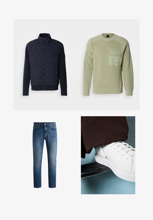 Mørk sjøgrønn quiltet jakke med høy krage, glidelås foran, strikkede ermer og ribbestrikket hem, med sirkulære mønstre på frontpanelet.; Lys grønn strikkegenser med ribbet tekstur, rund hals og en frontlomme. Har merkevare på lommen og tettsittende mansjetter.; Mørk blå denimjeans med rett snitt, fem lommers design, lys falming på lårene, og en enkelt knapp i midjen.; Hvit lær sneakers med teksturert overflate, flate snørebånd og sidebranding, plassert på en metallisk skøyte mot en blå bakgrunn.