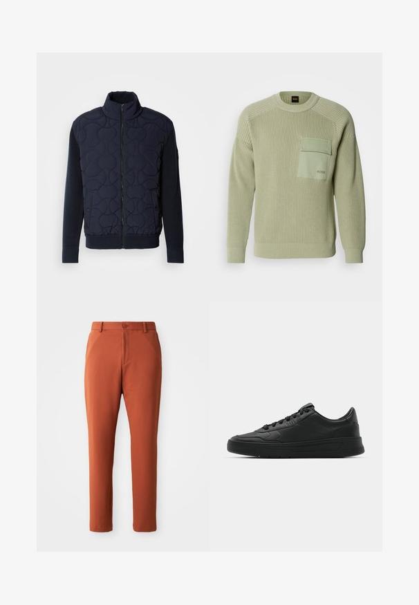Sötét tengerészkék steppelt dzseki magas gallérral, cipzáros elülső résszel, kötött ujjakkal és bordázott aljjal, az elülső panelen kör alakú mintázattal.; Világos zöld kötött pulóver bordázott mintával, kerek nyakkal és elülső zsebbel. A zseben található logóval és szűkített mandzsettákkal rendelkezik.; Rozsdabarna nadrág textúrált mintával, gombos záródással, övhurkokkal és ferde oldalzsebekkel. Egyenes szárú kialakítás.; Fekete sneaker sima bőr felsőrésszel, kerek orral, lapos fűzőkkel, párnázott nyakkal és minimalista dizájnnal. Gumi talp finom profillal.