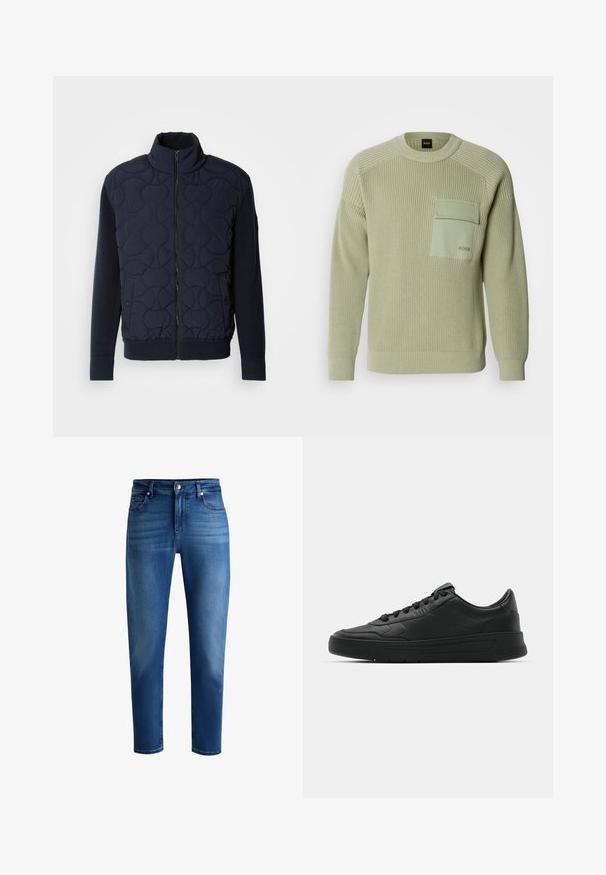 Tume mere tõmblukuga jakk, millel on kõrge krae, kootud varrukad ja ribast serv, ning esiküljel ringikujulised mustrid.; Heledad roheline kudumisega sviiter, millel on soonikstruktuur, ümmargune kaelus ja esine naastkott. Kotil on bränding ning mansetid on istuvad.; Sinised denimmid pükstid sirge lõikega, keskmise kõrgusega vöökohaga, viie taskuga ja õrnalt tuhmistunud detailidega. Sile tekstuur, klassikaline disain.; Mustmustel musta nahast ülemise osaga, ümmarguse varbaga, lamest paeltega, pehmendatud kaeluse ja minimalistliku disainiga. Kummist tald, millel on peen tihenemine.