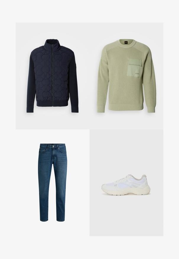 Tamsiai mėlynas siuvinėtas švarkas, turintis aukštą apykaklę, užtrauktuką priekyje, megztas rankoves ir briaunotą apačią, su apvaliais raštais priekyje.; Šviesiai žalia megzta suknelė su iškilniu raštu, apvaliu kaklu ir priekinėmis kišenėmis. Kišenėje yra logotipas, o rankogaliai priglunda.; Tamsiai mėlynos džinsinės kelnės su tiesiu kirpimu, turinčios mygtuko užsegimą, penkių kišenių dizainą ir švelnų blukimą prie kojų.; Balti sportiniai bateliai, pagaminti iš tinklinės medžiagos ir zomšos, su tekstūruotu viduriu, tekstūruotais akcentais ir „HUGO“ logotipu šone.