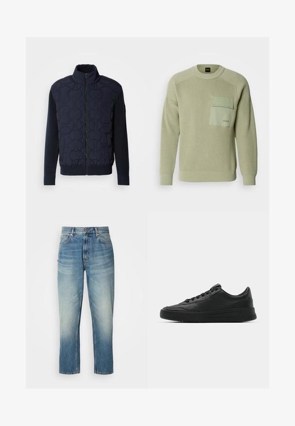 Chaqueta acolchada azul marino oscuro con un alto cuello, cierre de cremallera en la parte delantera, mangas de punto y dobladillo acanalado, con patrones circulares en el panel frontal.; Suéter de punto verde claro con textura acanalada, cuello redondo y un bolsillo en la parte frontal. Presenta una marca en el bolsillo y puños ajustados.; Vaqueros de mezclilla de color azul claro con un corte relajado, que presentan una bragueta de botones, diseño de cinco bolsillos y efectos de desgaste en los muslos y el dobladillo inferior.; Zapatilla negra con parte superior de cuero liso, puntera redonda, cordones planos, cuello acolchado y diseño minimalista. Suela de goma con un patrón de relieve sutil.