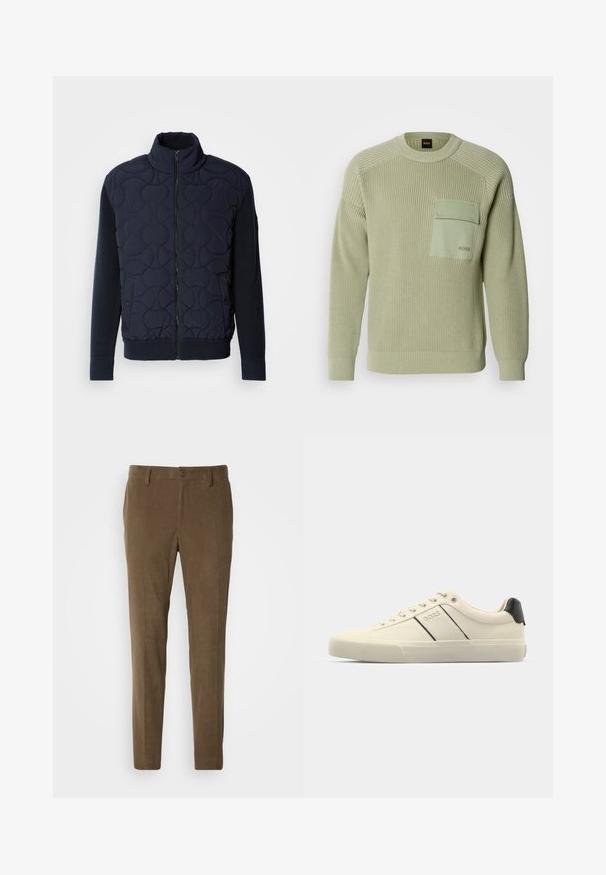 Tumši jūras zils, quiltēts jakas izmērs ar augstu apkakli, ar rāvējspiedni priekšpusē, adītām piedurknēm un ribinātu apakšmalu, ar apļveida rakstiem priekšējā panelī.; Gai zaļš adīts džemperis ar ribotu tekstūru, apaļu kakla izgriezumu un priekšējo kabatu. Satur zīmola apzīmējumu uz kabatas un pieguļošus piedurkņu galus.; Sarkanā kordūrā bikses ar pieguļošu dizainu, ar rāvējslēdzēju un pogu aizdari. Audumam ir izteiksmīgas ribotas struktūras visā virsmā.; Krēmkrāsas sporta apavi ar gludu tekstūru, ar melniem akcentiem un zīmolu. Klasisks aukliņu dizains ar apaļu purngalu un gumijas zoli.