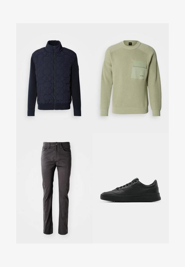 Temno modra prešita jakna z visokim ovratnikom, z zadrgo spredaj, pletenimi rokavi in rebrastim robom, s krožnimi vzorci na sprednjem panelu.; Svetlozeleno pleteno pulover s rebrasto teksturo, okroglo izrezano in s sprednjim žepom. Vsebuje blagovno znamko na žepu in oprijete manšete.; Temno sivi hlače s ravnimi nogavicami, izdelane iz mešanice bombaža. Imajo gumb in zadrgo ter pet žepov z diskretnimi šivi.; Črne superge z gladkim usnjenim zgornjim delom, okroglo konico, ravnimi vezalkami, oblazinjeno ovratnikom in minimalističnim dizajnom. Gumijast podplat z diskretnim profilom.