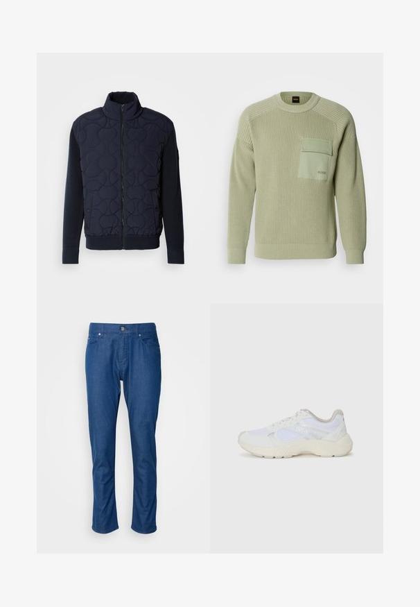 Temno modra prešita jakna z visokim ovratnikom, z zadrgo spredaj, pletenimi rokavi in rebrastim robom, s krožnimi vzorci na sprednjem panelu.; Svetlozeleno pleteno pulover s rebrasto teksturo, okroglo izrezano in s sprednjim žepom. Vsebuje blagovno znamko na žepu in oprijete manšete.; Modre kavbojke z ravnim krojem, prednjimi žepi in enim gumbom za zapiranje. Gladka tekstura z minimalnimi detajli.; Bela športna obuvala iz mrežastega in semiš materiala, z teksturiranim podplatom, teksturiranimi dodatki in logotipom "HUGO" na strani.