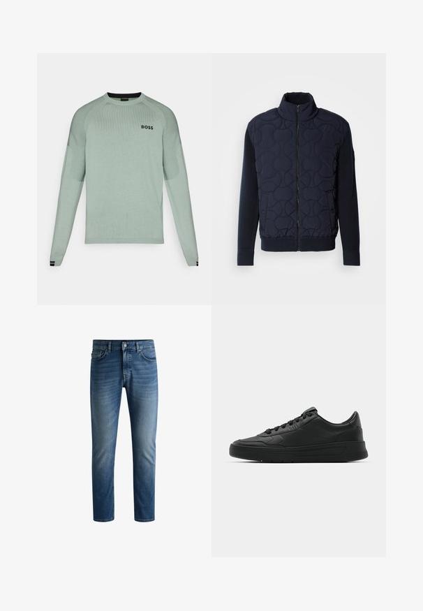 Dunkelblauer gesteppter Mantel mit hohem Kragen, Reißverschluss vorne, gestrickten Ärmeln und geripptem Saum, mit kreisförmigen Mustern auf der Vorderseite.; Hellgrüner Pullover mit langen Ärmeln, gerippter Textur, Rundhalsausschnitt und schwarzem "BOSS"-Logo auf der Brust. Mit gestreiften schwarzen Akzenten an den Bündchen.; Dunkelblaue Jeans aus Denim mit geradem Schnitt, fünftaschen Design, leichter Verblassung auf den Oberschenkeln und einem einzelnen Knopfverschluss am Bund.; Schwarze Sneaker mit glattem Lederobermaterial, runder Zehenpartie, flachen Schnürsenkeln, gepolstertem Kragen und minimalistischem Design. Gummisohle mit subtiler Profilierung.