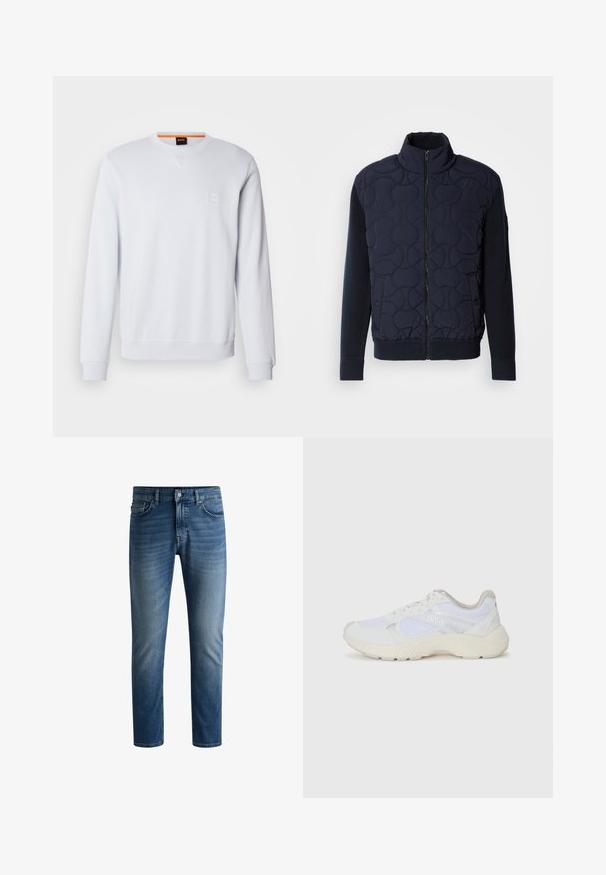 Casaco acolchoado azul marinho escuro com gola alta, fecho de correr na frente, mangas de malha e barra canelada, com padrões circulares no painel da frente.; Sweatshirt branco com mangas longas, decote redondo e um discreto logotipo. Textura suave e punhos e barra canelados para um ajuste justo.; Jeans em denim azul escuro com corte reto, design de cinco bolsos, desbotamento leve nas coxas e um único botão de fecho na cintura.; Ténis brancos desportivos feitos de malha e camurça, com uma entressola texturizada, elementos texturizados e o logótipo "HUGO" na lateral.
