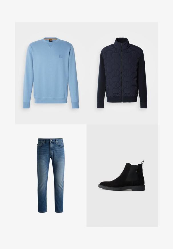 Giacca imbottita di un blu navy scuro con colletto alto, chiusura con zip, maniche a maglia e orlo a costine, decorata con motivi circolari sul pannello frontale.; Felpa azzurra con scollo rotondo, polsini e orlo a costine, dotata di una piccola patch logo in rilievo sul lato sinistro del petto. Tessuto morbido.; Jeans in denim blu scuro con taglio dritto, design a cinque tasche, leggera scoloritura sulle cosce e chiusura a bottone unico in vita.; Stivali Chelsea neri in suede con pannelli elasticizzati ai lati, punta rotonda e suola in gomma bassa. Presentano una linguetta sul retro per facilitarne l'indosso.