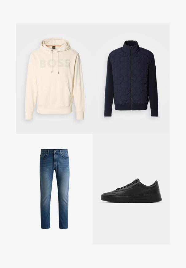 Donker marineblauwe gewatteerde jas met hoge kraag, rits aan de voorkant, gebreide mouwen en geribbelde zoom, met cirkelpatronen op het voorpaneel.; Crème hoodie met een kangoeroezak, een capuchon met trekkoord en een groot grijs "BOSS"-logo. Heeft geribbelde manchetten en een zoom voor een getailleerde look.; Donkerblauwe denim jeans met een rechte snit, vijf-pocket ontwerp, lichte vervaging op de dijen en een enkele knoopsluiting bij de tailleband.; Zwarte sneaker met een glad leren bovenwerk, ronde neus, platte veters, gewatteerde kraag en minimalistisch design. Rubberen zool met een subtiel profiel.