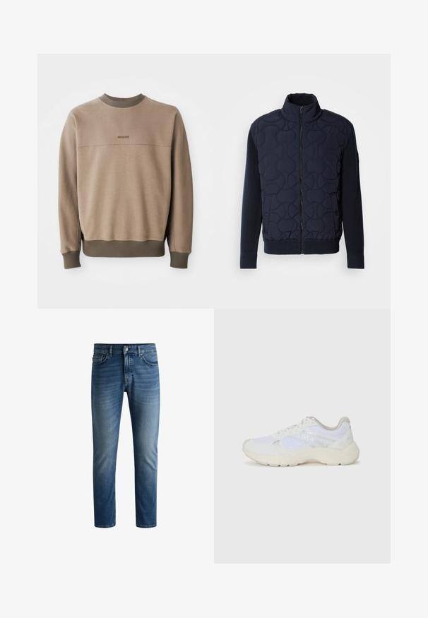 Mørk navy quiltet jakke med høj krave, lynlås foran, strikkede ærmer og ribbet kant, med cirkulære mønstre på frontpanelet.; Beige crewneck sweatshirt med ribbet krave, manchetter og kant, med et diskret broderet "BOSS" logo på brystet.; Mørkeblå denimjeans med lige pasform, fem lomme-design, let falmning på lårene og en enkelt knaplukning i taljen.; Hvide sportssko lavet af mesh og ruskind, med en struktureret mellemsål, strukturerede detaljer og "HUGO"-logoet på siden.