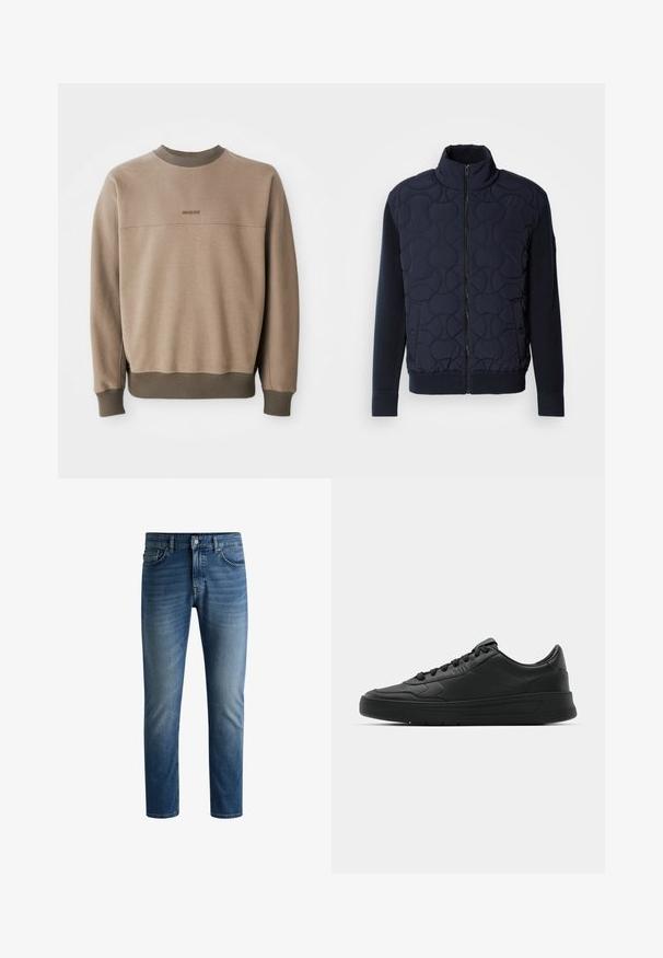 Dunkelblauer gesteppter Mantel mit hohem Kragen, Reißverschluss vorne, gestrickten Ärmeln und geripptem Saum, mit kreisförmigen Mustern auf der Vorderseite.; Beige Rundhals-Sweatshirt mit geripptem Kragen, Bündchen und Saum, ausgestattet mit dezent gesticktem "BOSS"-Logo auf der Brust.; Dunkelblaue Jeans aus Denim mit geradem Schnitt, fünftaschen Design, leichter Verblassung auf den Oberschenkeln und einem einzelnen Knopfverschluss am Bund.; Schwarze Sneaker mit glattem Lederobermaterial, runder Zehenpartie, flachen Schnürsenkeln, gepolstertem Kragen und minimalistischem Design. Gummisohle mit subtiler Profilierung.