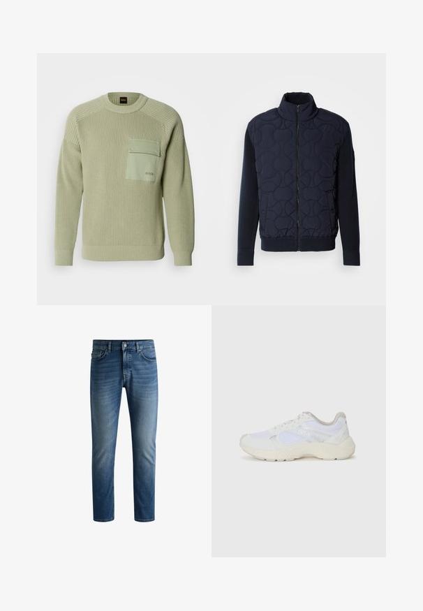 Dark navy quilted jacket featuring a high collar, zip front, knit sleeves, and ribbed hem, with circular patterns on the front panel.; Light green knit sweater with ribbed texture, crew neck, and a front patch pocket. Features branding on the pocket and fitted cuffs.; Dark blue denim jeans with a straight cut, five-pocket design, light fading on thighs, and a single button closure at the waistband.; White athletic shoes made of mesh and suede, featuring a textured midsole, textured accents, and "HUGO" logo on the side.