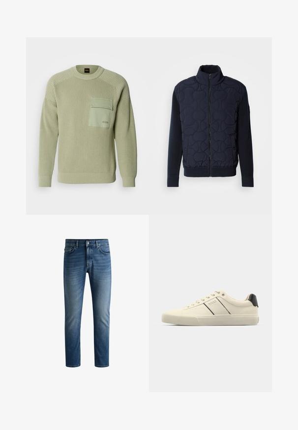 Chaqueta acolchada azul marino oscuro con un alto cuello, cierre de cremallera en la parte delantera, mangas de punto y dobladillo acanalado, con patrones circulares en el panel frontal.; Suéter de punto verde claro con textura acanalada, cuello redondo y un bolsillo en la parte frontal. Presenta una marca en el bolsillo y puños ajustados.; Jeans de mezclilla azul oscuro con corte recto, diseño de cinco bolsillos, ligero desgaste en los muslos y un cierre de botón en la cintura.; Zapatillas de color crema con una textura suave, que presentan acentos y marcas en negro. Diseño clásico de cordones con punta redonda y suela de goma.