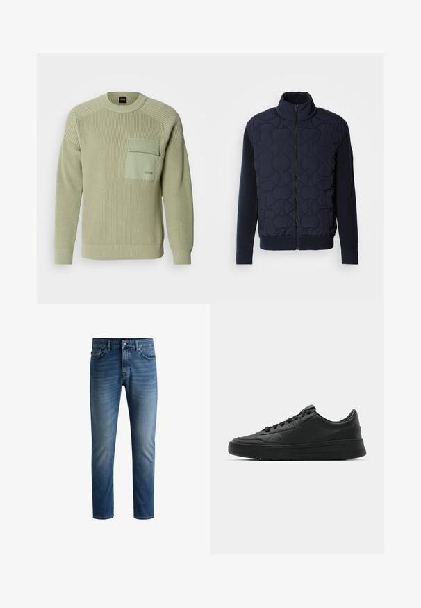 Temno modra prešita jakna z visokim ovratnikom, z zadrgo spredaj, pletenimi rokavi in rebrastim robom, s krožnimi vzorci na sprednjem panelu.; Svetlozeleno pleteno pulover s rebrasto teksturo, okroglo izrezano in s sprednjim žepom. Vsebuje blagovno znamko na žepu in oprijete manšete.; Temno modre jeans hlače s ravnim krojem, petimi žepi, svetlim bledenjem na stegnih in enojnim gumbom za zapiranje na pasu.; Črne superge z gladkim usnjenim zgornjim delom, okroglo konico, ravnimi vezalkami, oblazinjeno ovratnikom in minimalističnim dizajnom. Gumijast podplat z diskretnim profilom.