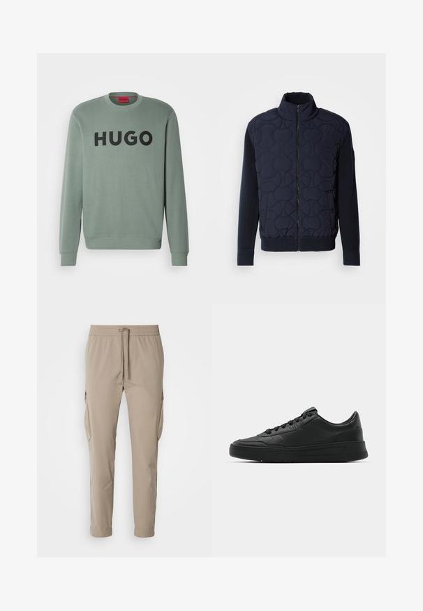 Mørk sjøgrønn quiltet jakke med høy krage, glidelås foran, strikkede ermer og ribbestrikket hem, med sirkulære mønstre på frontpanelet.; Lys grønn hettegenser laget av mykt stoff, med rund halslinning og en fremtredende svart "HUGO"-logo over brystet.; Beige cargo bukser med elastisk talje og snor. Har sidelommer og design med tapered ben, lavet af letvægtsstof.; Sorte sneakers med glatt skinnøvre, rund tå, flate lisser, polstret krage og minimalistisk design. Gummisåle med subtilt mønster.