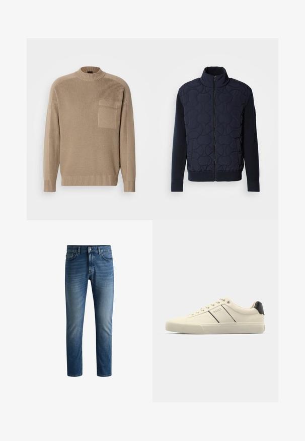 Jachetă neagră matlasată de nuanță închisă, cu guler înalt, fermoar frontal, mâneci tricotate și tiv ondulat, având modele circulare pe panoul din față.; Pulover tricotat bej cu mâneci lungi, guler și mansete ribbate, și o buzunar cu petic pe pieptul stâng.; Jeanși din denim albastru închis, cu croială dreaptă, design cu cinci buzunare, ușor decolorati pe coapse și închidere cu un singur nasture la talie.; Adidași de culoare crem cu o textură netedă, având accente și branding negre. Design clasic cu șireturi, cu vârful rotund și talpă de cauciuc.