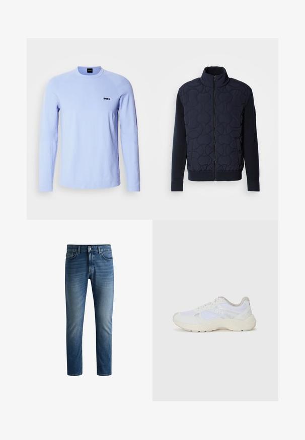 Tamno mornarica jakna s quilted uzorkom, visoki ovratnik, prednji zip, pletene rukave i rebrasti rub, s kružnim uzorcima na prednjem panelu.; Svijetloplava dukserica dugih rukava od mekane tkanine s okruglim izrezom, rebrastim manžetama i malim crnim "BOSS" logom na prsima.; Tamno plave traperice s ravnim krojem, dizajnom s pet džepova, svijetlim izbljeđenjem na bedrima i jednim gumbom za zakopčavanje na struku.; Bijele atletske tenisice napravljene od mrežastog materijala i kože antilop, s teksturiranom srednjom potplatom, teksturiranim detaljima i "HUGO" logotipom sa strane.