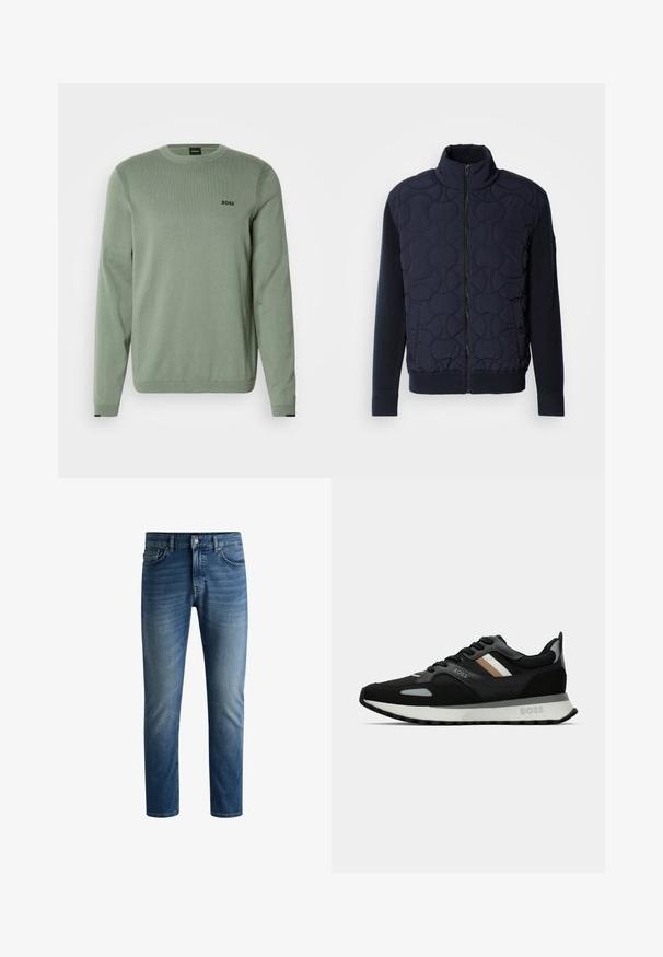 Dunkelblauer gesteppter Mantel mit hohem Kragen, Reißverschluss vorne, gestrickten Ärmeln und geripptem Saum, mit kreisförmigen Mustern auf der Vorderseite.; Hellgrüner Strickpullover mit langen Ärmeln, rundem Hals, gerippten Akzenten und schwarzem "BOSS"-Logo auf der Brust. Glatte Textur.; Dunkelblaue Jeans aus Denim mit geradem Schnitt, fünftaschen Design, leichter Verblassung auf den Oberschenkeln und einem einzelnen Knopfverschluss am Bund.; Schwarzer Laufschuh mit strukturiertem Obermaterial, hellgrauen Akzenten und drei horizontalen Streifen in Braun. Verfügt über eine weiße, gepolsterte Sohle.