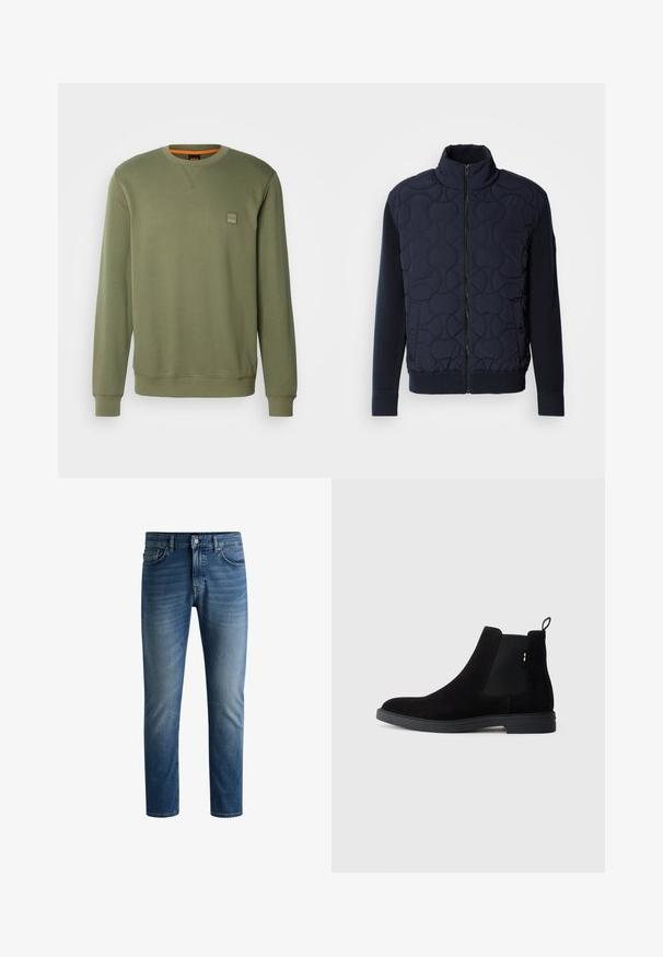 Veste matelassée bleu marine foncé avec un col montant, fermeture éclair à l'avant, manches en tricot et ourlet côtelé, ornée de motifs circulaires sur le panneau avant.; BOSS WESTART - Sweatshirt - open green; Jean en denim bleu foncé avec une coupe droite, design à cinq poches, légère décoloration sur les cuisses et fermeture à un seul bouton à la taille.; Bottines Chelsea en suède noir avec panneaux élastiques sur les côtés, bout rond et semelle en caoutchouc basse. Dotées d'une languette à l'arrière pour un enfilage facile.
