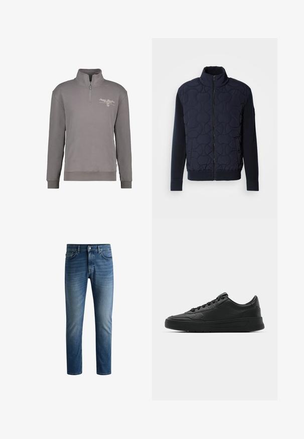 Dunkelblauer gesteppter Mantel mit hohem Kragen, Reißverschluss vorne, gestrickten Ärmeln und geripptem Saum, mit kreisförmigen Mustern auf der Vorderseite.; Grauer Reißverschluss-Sweatshirt mit hohem Kragen, das auf der Brust ein Logo in weißer Stickerei aufweist, sowie gerippte Bündchen und Saum. Weicher Stoff.; Dunkelblaue Jeans aus Denim mit geradem Schnitt, fünftaschen Design, leichter Verblassung auf den Oberschenkeln und einem einzelnen Knopfverschluss am Bund.; Schwarze Sneaker mit glattem Lederobermaterial, runder Zehenpartie, flachen Schnürsenkeln, gepolstertem Kragen und minimalistischem Design. Gummisohle mit subtiler Profilierung.